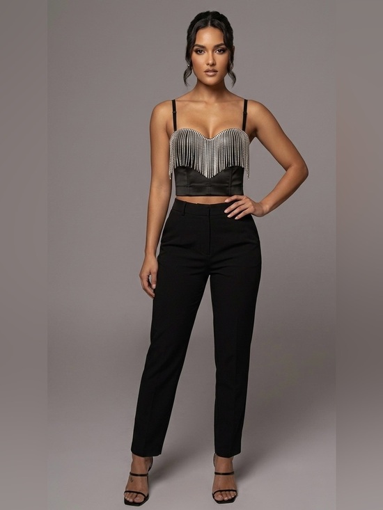 Pants - Sparkle & Shine Rhinestone Fringe Bustier Crop Top Black Sequin Diamond corset